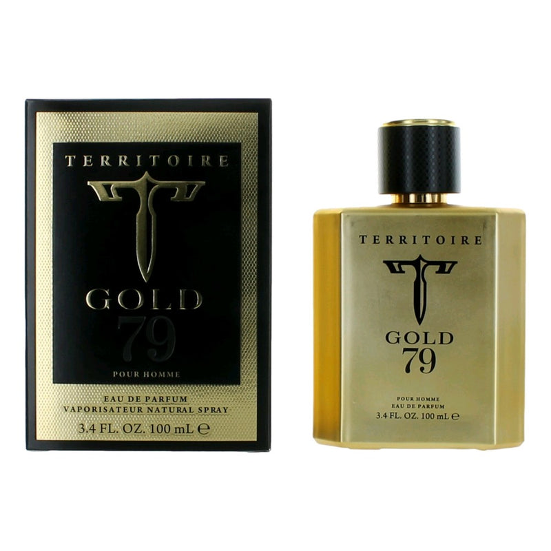 YZY Territoire Gold 79 men's 3.4 oz EDP spray bottle with sleek design and gold accents.