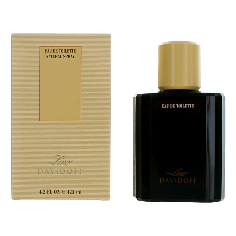 Davidoff Zino men's 4.2 oz EDT spray bottle, sleek glass container with black cap, showcasing the iconic fragrance packaging.
