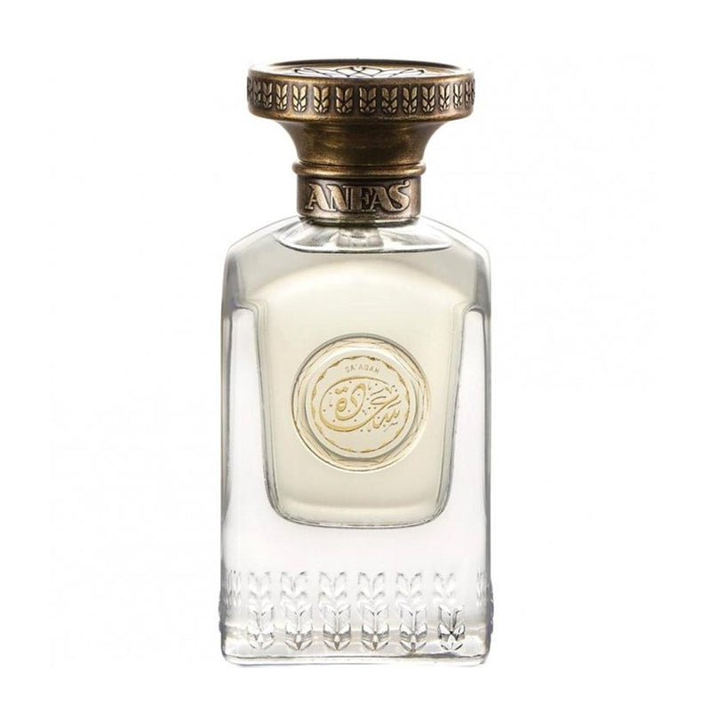 Sa'adah Anfas 2.5 oz perfume bottle from Online Warehouse, elegant glass container with a sleek cap and light-colored fragrance inside.