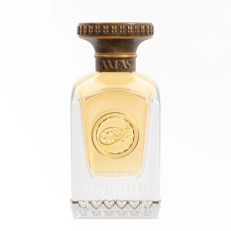 Shaghaf Anfas perfume 2.5 oz bottle by Online Warehouse, showcasing elegant packaging and fragrance details.
