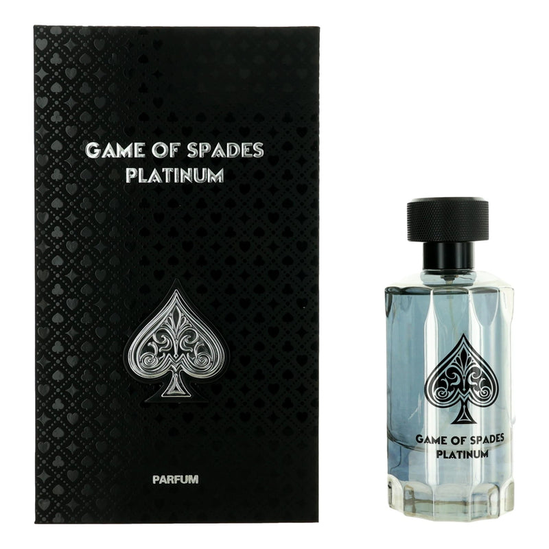 Jo Milano Game of Spades Platinum unisex 3.4 oz parfum spray bottle, sleek design and elegant packaging.