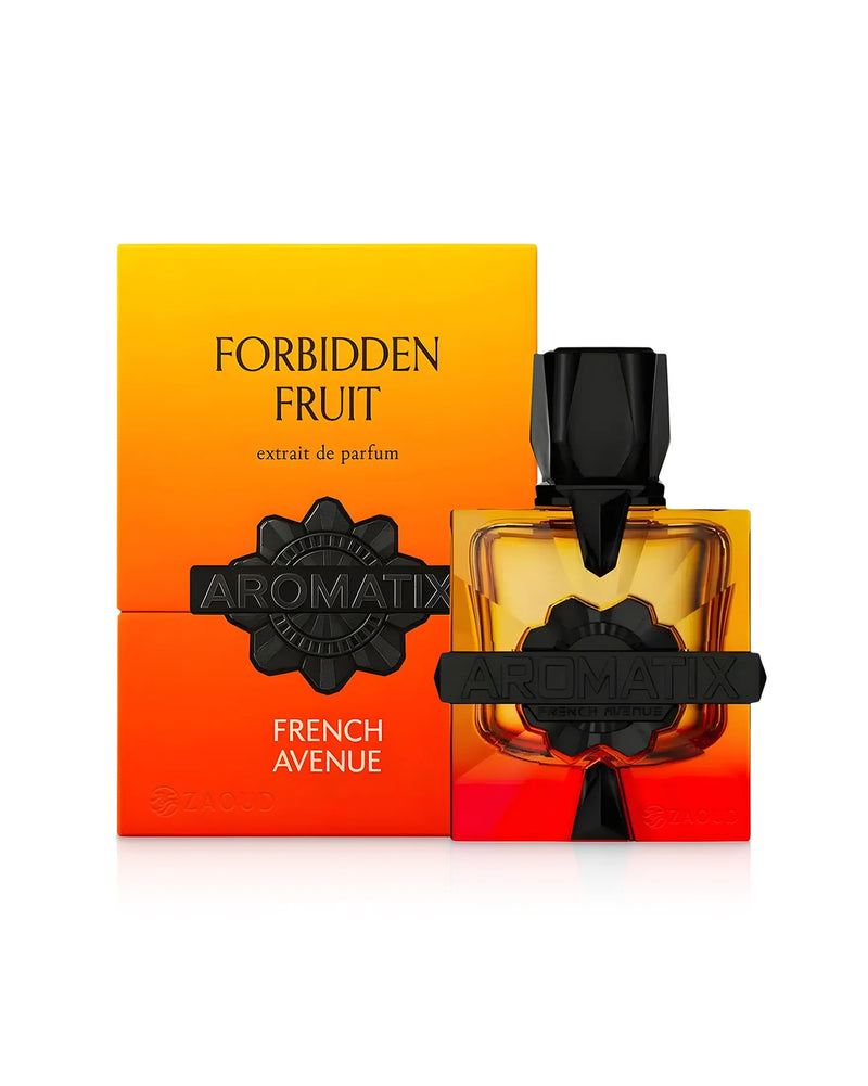 Aromatix Forbidden Fruit perfume bottle by Pertinacia Perfume, 3.4oz French Avenue extrait with packaging against a white background.