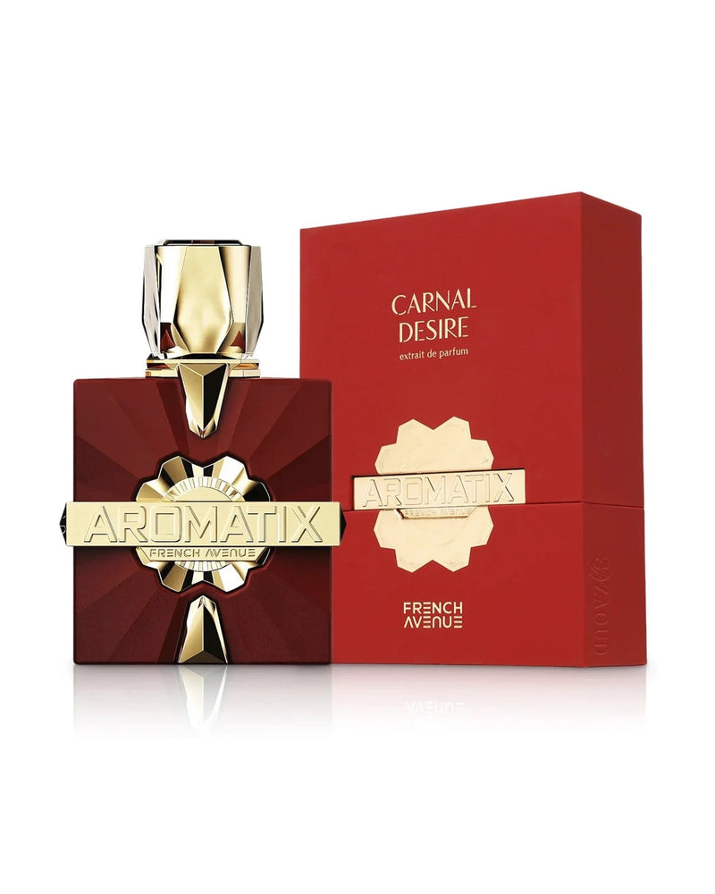 Aromatix Carnal Desire perfume bottle and box featuring Pertinacia French Avenue Extrait fragrance against a white background
