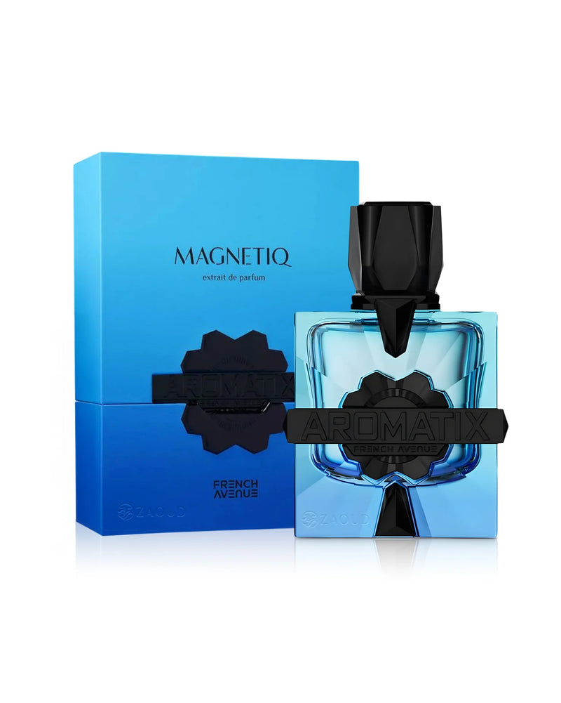 Aromatix Magnetiq French Avenue perfume bottle next to box, 3.4oz, by Pertinacia Perfume, on a white background.