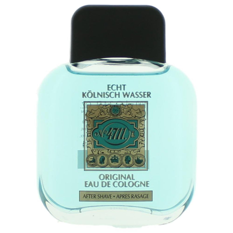 4711 Muelhens men's after shave splash bottle, 3.4 oz, unboxed, with classic rectangular glass container and white cap.