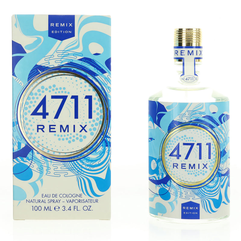 Muelhens 4711 Remix Sparkling Island unisex Eau de Cologne spray bottle, 3.4oz, with tropical-themed packaging.