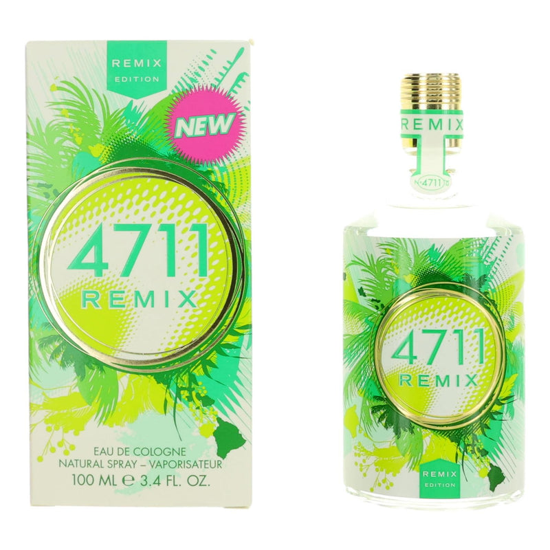 Muelhens 4711 Remix Green Oasis unisex Eau de Cologne spray, 3.4oz, with fresh green and citrus notes in a sleek bottle.