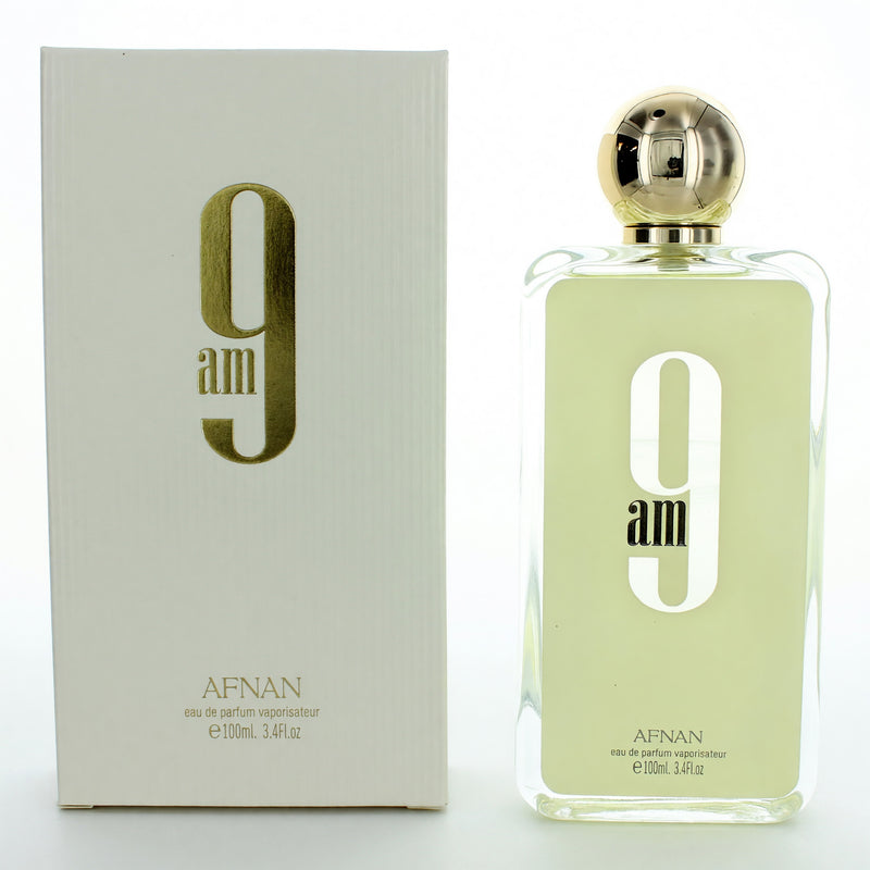 A 3.4 oz Afnan 9 AM men's Eau de Parfum spray bottle with sleek packaging and a modern design.