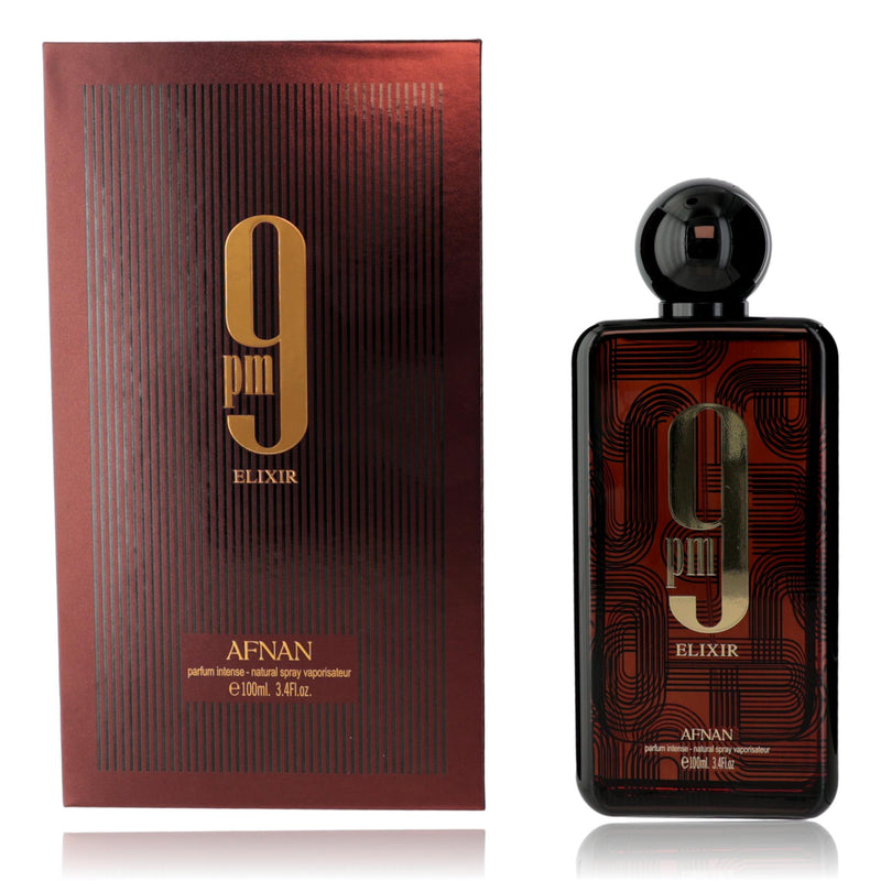 A 3.4 oz Afnan 9PM Elixir unisex parfum spray bottle with elegant packaging and a sleek design.