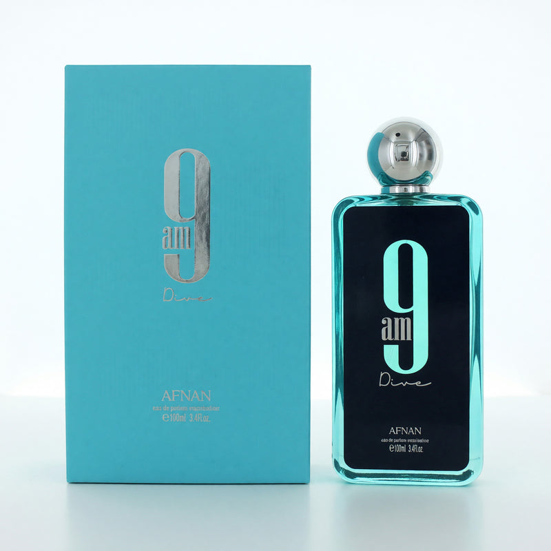 Aunf 9AM Dive unisex 3.4 oz Eau de Parfum spray with sleek bottle design and minimalist branding.