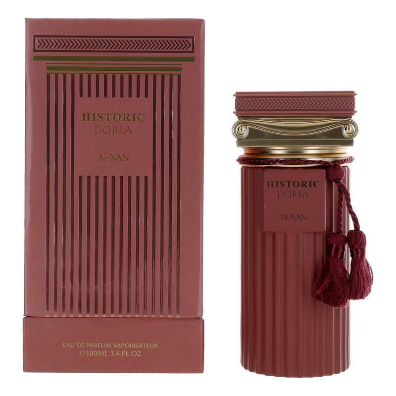 Afnan Historic Doria 3.4 oz unisex EDP spray bottle with elegant packaging and branding details.