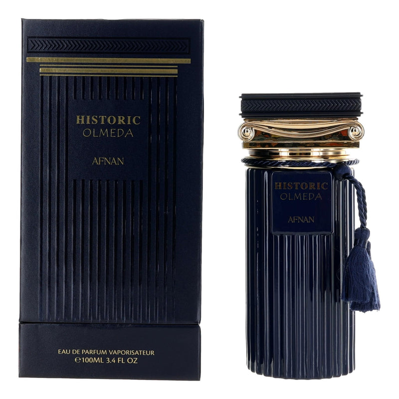 Afnan Historic Olmeda 3.4 oz unisex EDP spray bottle, sleek design with a clear glass container and silver cap.