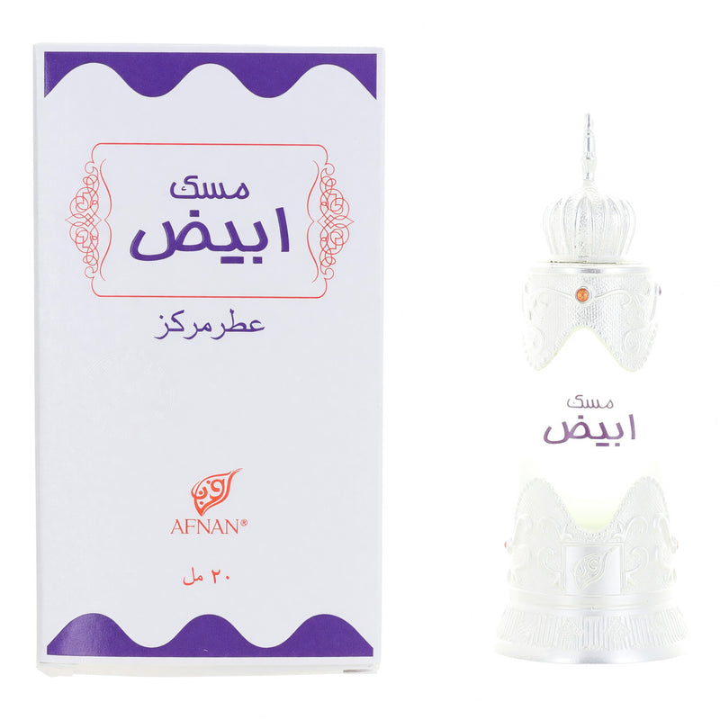 Afnan Musk Abiyad perfume oil in a 0.67 oz bottle, featuring a unisex fragrance, with a sleek design and clear label.