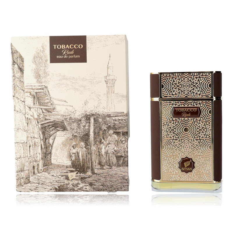 Aunfian Tobacco Rush 2.7 oz unisex EDP spray bottle with sleek packaging and tobacco-inspired design.