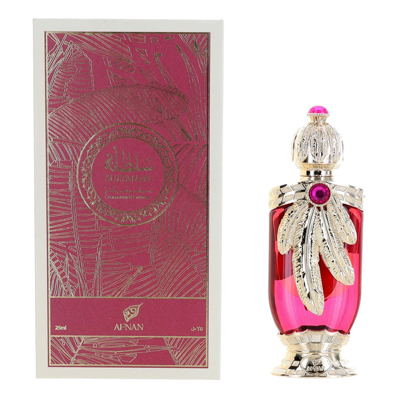 Afnan Sultanah perfume oil for unisex, 0.67 oz, in a sleek glass bottle with a black cap, showcasing elegant packaging.