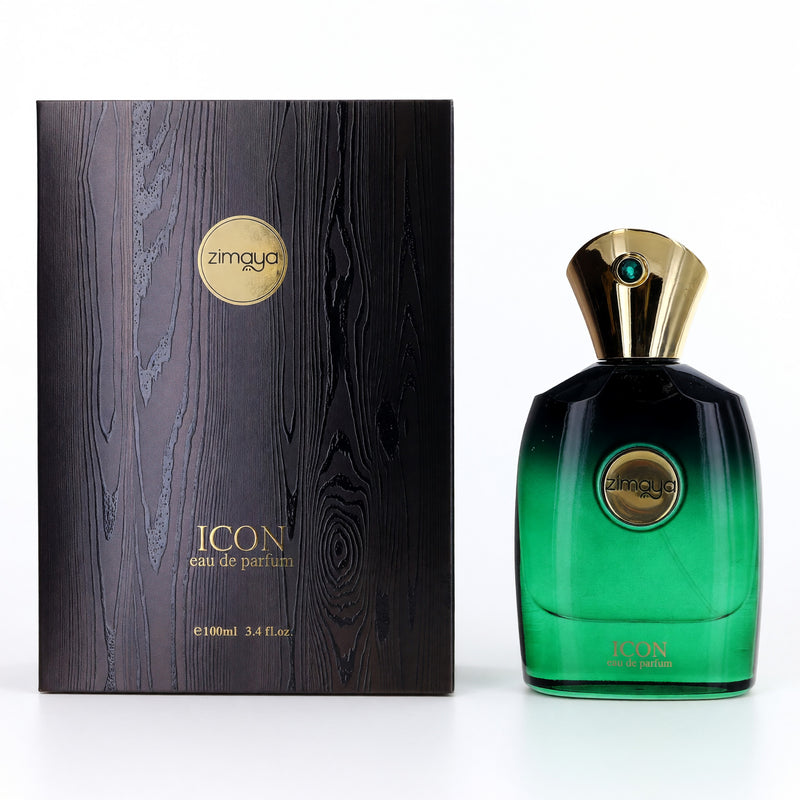 Zimaya Icon unisex Extrait de Parfum spray bottle, 3.4 oz, with elegant packaging and sleek design visible in the image.