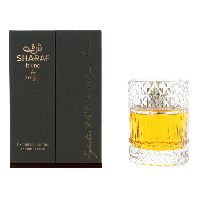 Zimaya Sharaf Blend unisex parfum spray bottle with sleek design, 3.4 oz extrait de parfum for both men and women.