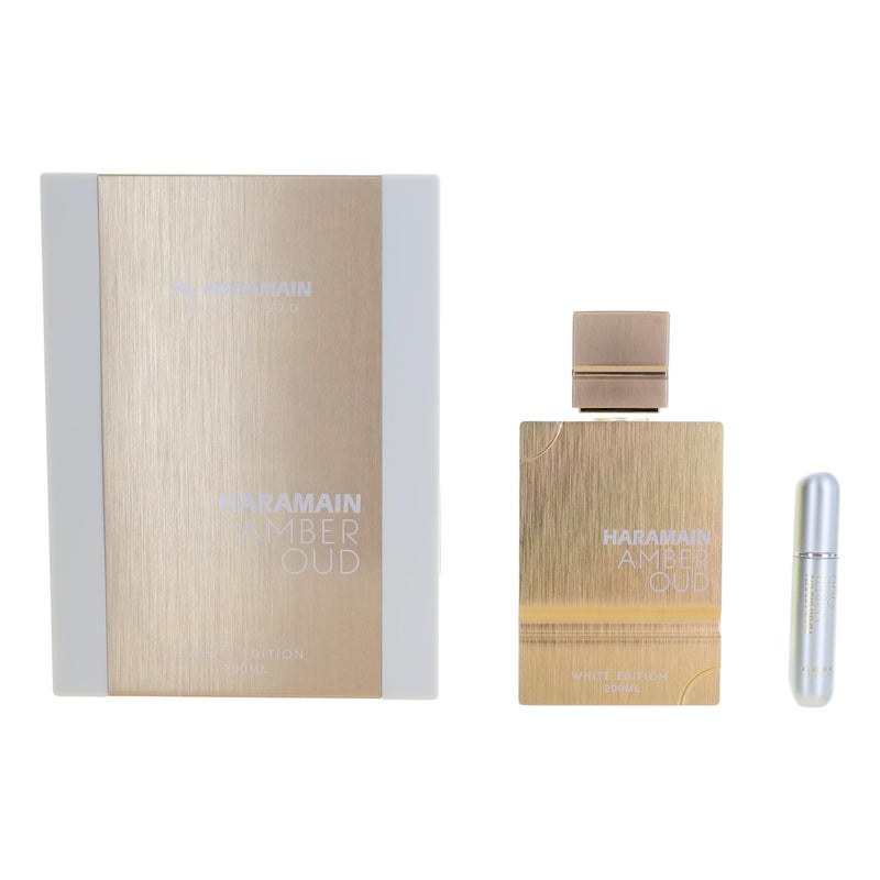 Al Haramain Amber Oud White Edition unisex 6.7 oz EDP spray bottle with elegant packaging and white accents.