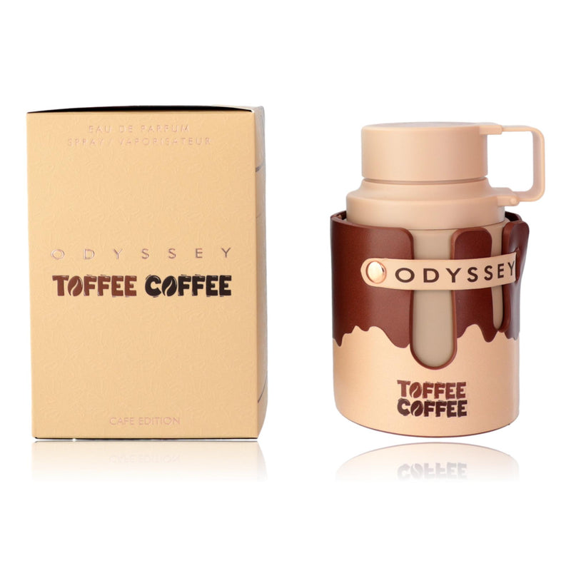 Odyssey Toffee Coffee by Armaf 3.4 oz unisex EDP spray, featuring a sleek bottle with a rich coffee and toffee scent.