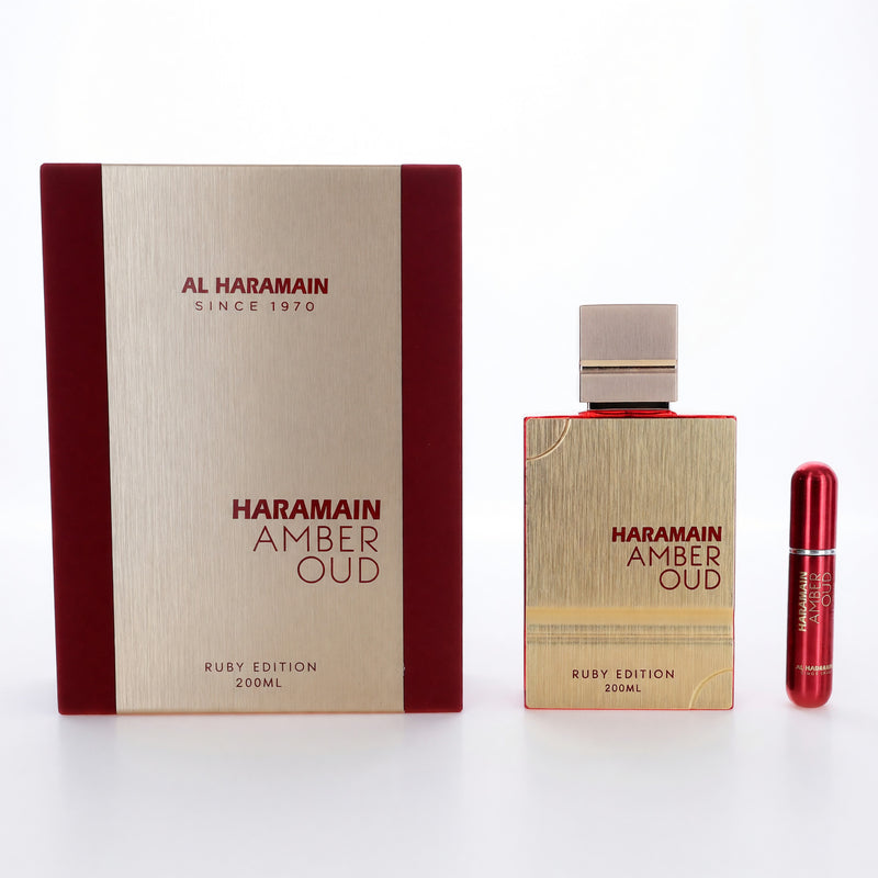 Amber Oud Ruby Edition by Al Haramain unisex 6.7 oz EDP spray, featuring a luxurious amber and oud fragrance.