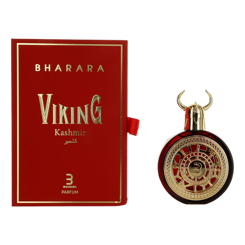 Bharara Viking Kashmir unisex parfum spray bottle, 3.4 oz, with elegant packaging in the image.