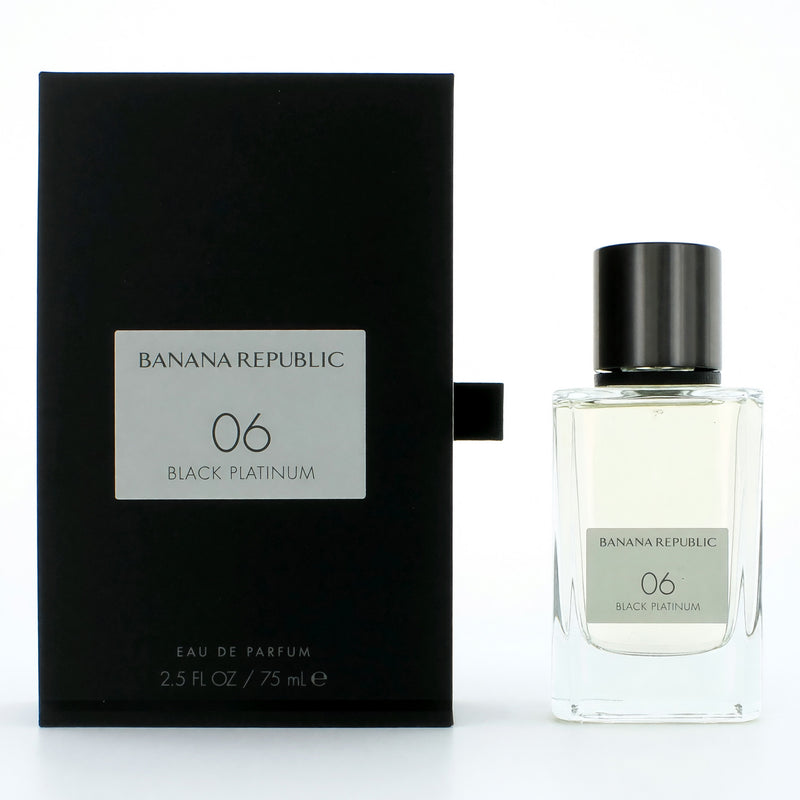 Black Platinum unisex 2.5 oz EDP spray by Banana Republic, sleek bottle with black and silver design.