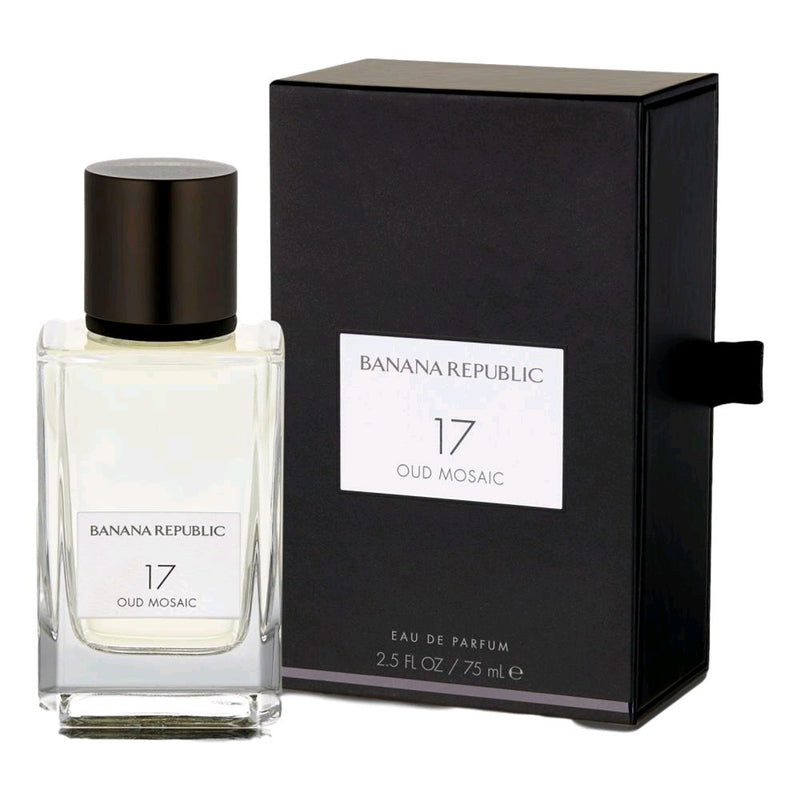 Banana Republic 17 Oud Mosaic unisex 2.5 oz EDP spray bottle with intricate mosaic design and elegant packaging.