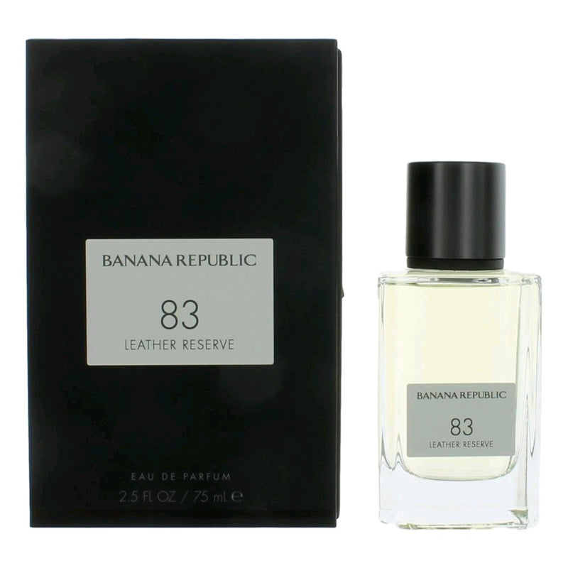 Banana Republic 83 Leather Reserve unisex 2.5 oz EDP spray bottle, sleek packaging with leather-themed design.
