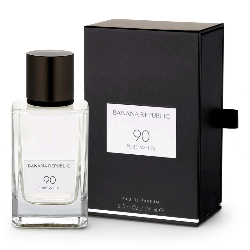 Banana Republic 90 Pure White unisex 2.5 oz EDP spray bottle with sleek white packaging and minimalist design.