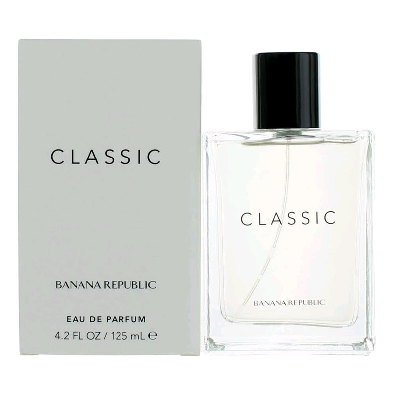 Unisex Banana Republic Classic 4.2oz EDP spray bottle, sleek design, with the perfume visibly displayed in the image.