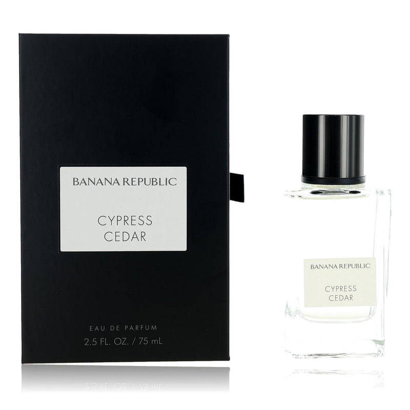 Cypress Cedar unisex perfume by Banana Republic in a 2.5 oz spray bottle, featuring a woody, aromatic fragrance.