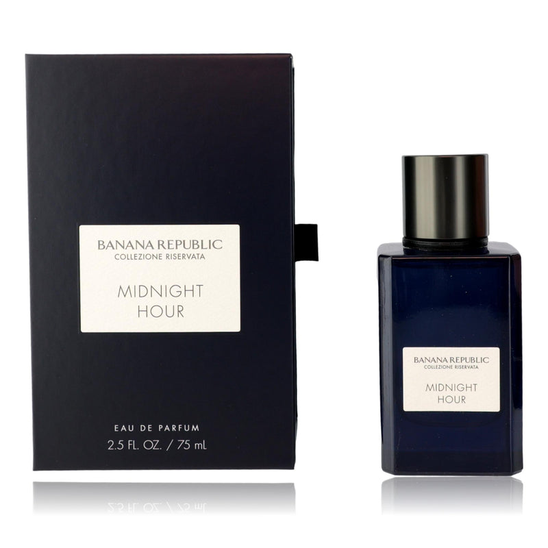Unisex Midnight Hour 2.5 oz Eau de Parfum spray by Banana Republic, dark glass bottle with sleek design.