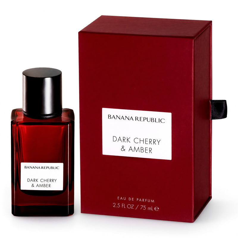 Banana Republic Dark Cherry & Amber 2.5 oz unisex EDP spray bottle with dark cherry and amber fragrance elements.