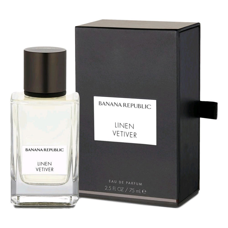 Linen Vetiver 2.5 oz unisex EDP spray by Banana Republic featuring a sleek bottle with a minimalist design.