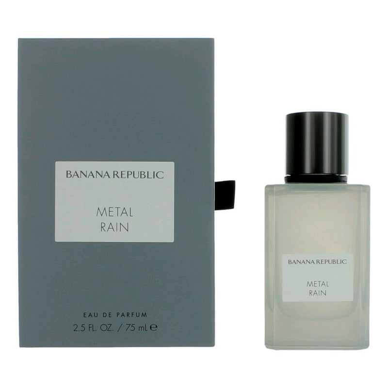 Banana Republic Metal Rain unisex 2.5 oz EDP spray bottle with sleek metallic design, showcasing the fragrance packaging.