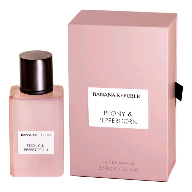 Unisex Peony & Peppercorn perfume spray by Banana Republic in a 2.5 oz bottle, showcasing the elegant packaging and fragrance bottle.