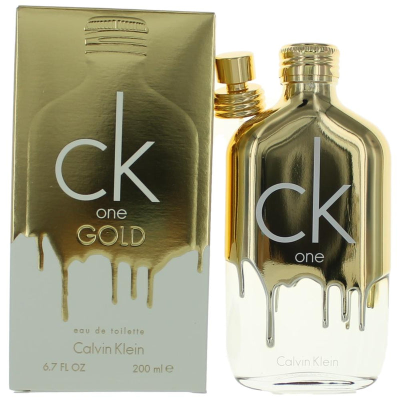 Calvin Klein CK One Gold 6.7 oz unisex EDT spray bottle with gold accents and minimalist design.