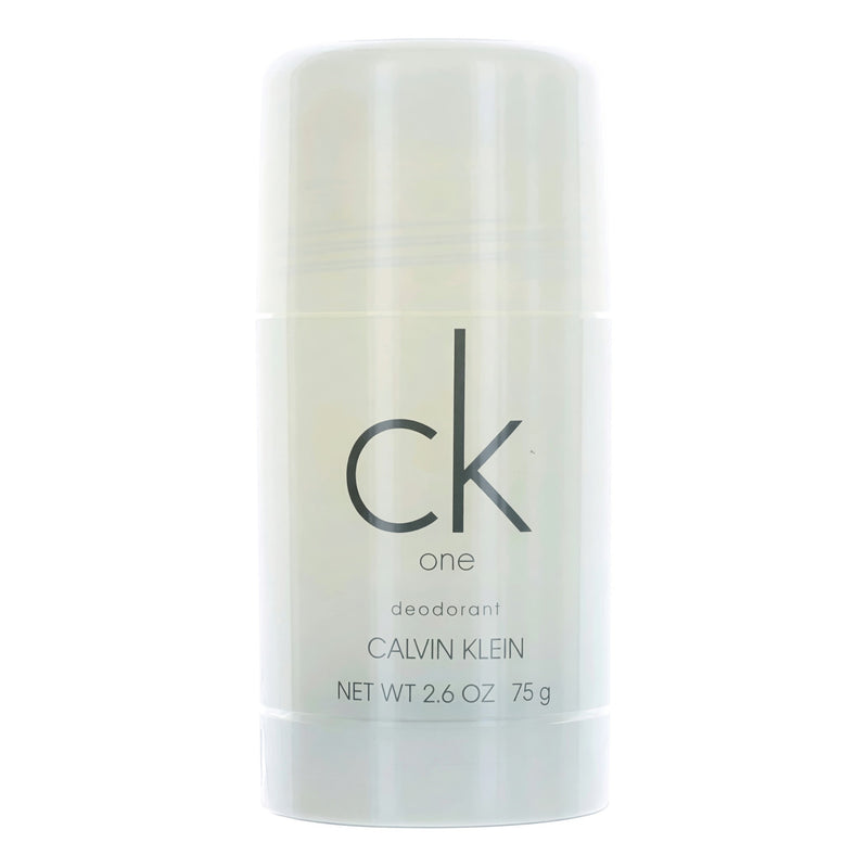 Calvin Klein CK One 2.6 oz unisex deodorant stick, white cylindrical container with blue accents, designed for everyday use.