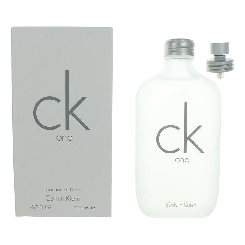 Calvin Klein CK One unisex 6.7 oz EDT spray bottle, sleek design, transparent glass with minimalist label.