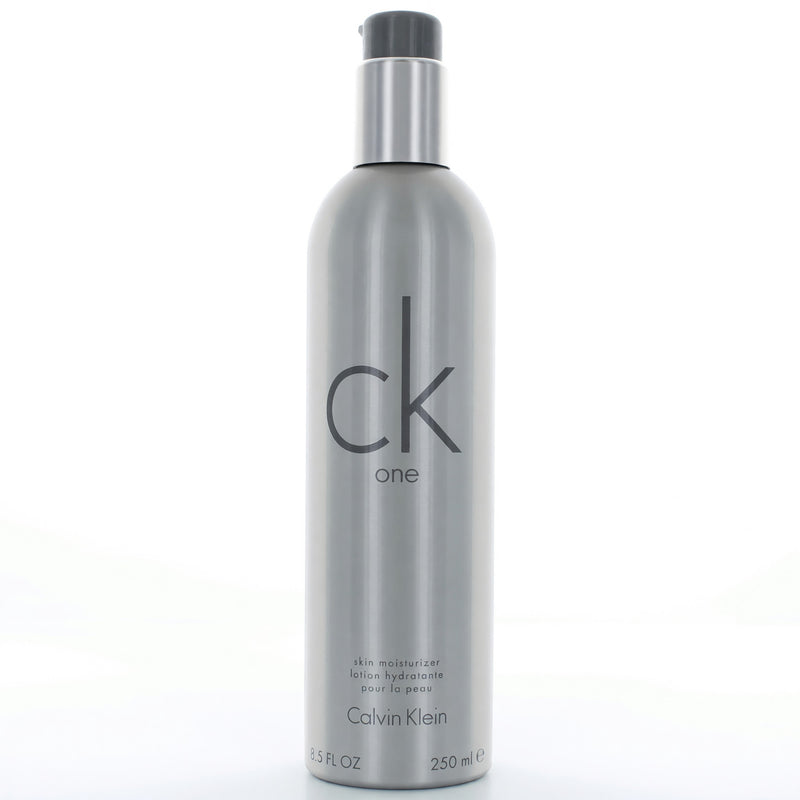 Calvin Klein CK One unisex 8.5 oz skin moisturizer lotion bottle, physical product with minimalist design and label.
