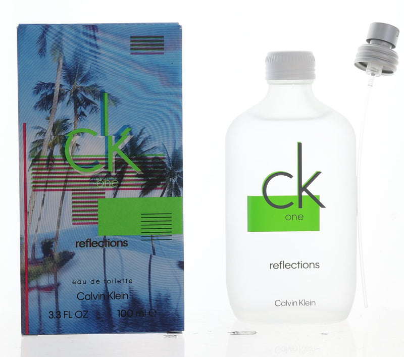 Calvin Klein CK One Reflections unisex 3.3 oz EDT spray bottle with sleek design and reflective packaging.