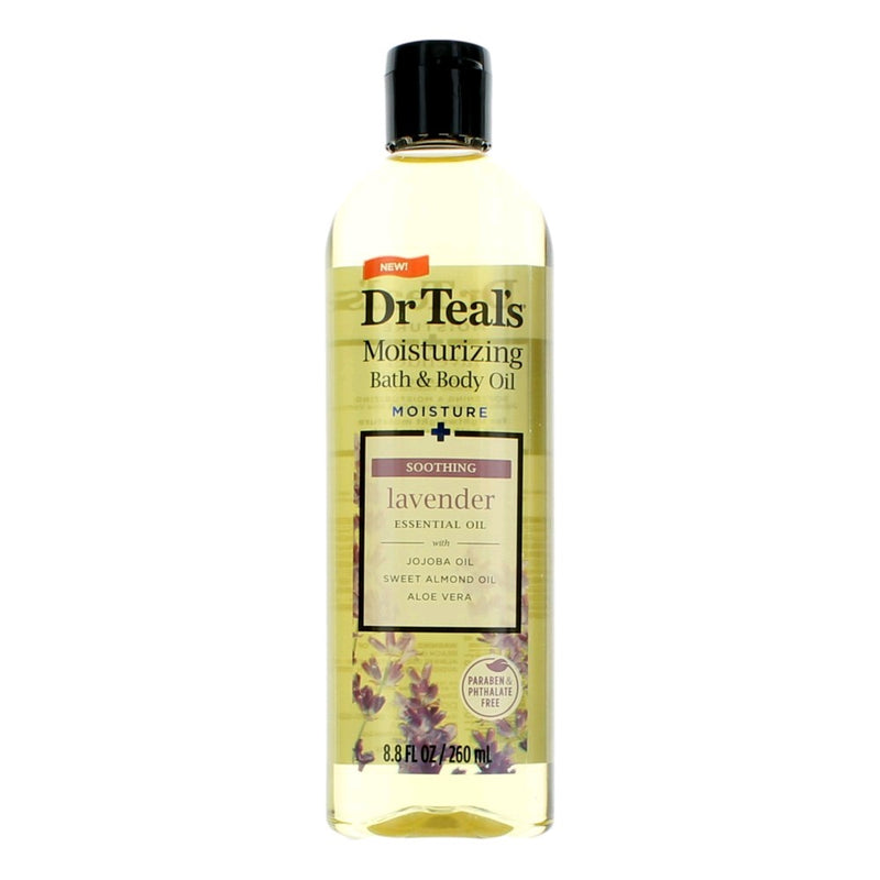 Dr. Teal's soothing lavender essential oil bottle, 8.8oz moisturizing bath and body oil with lavender scent and calming appearance.