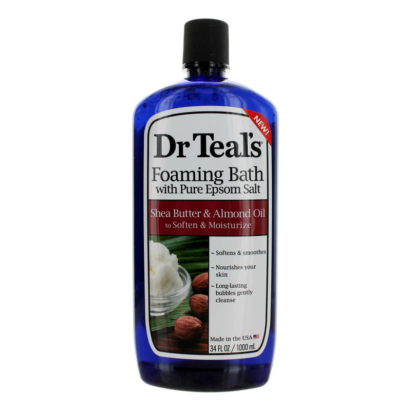 Dr. Teal's Shea Butter & Almond Oil foaming bubble bath in a 34 oz bottle, shown in a relaxing bathroom setting