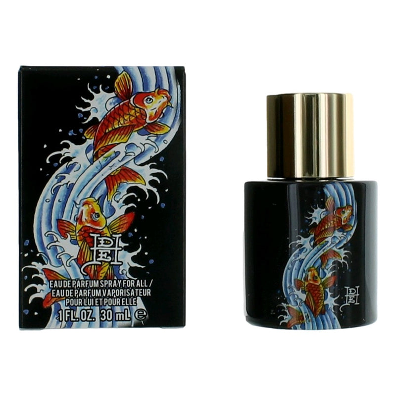 Ed Hardy Koi Wave unisex 1 oz EDT spray bottle with colorful koi fish design on the packaging.