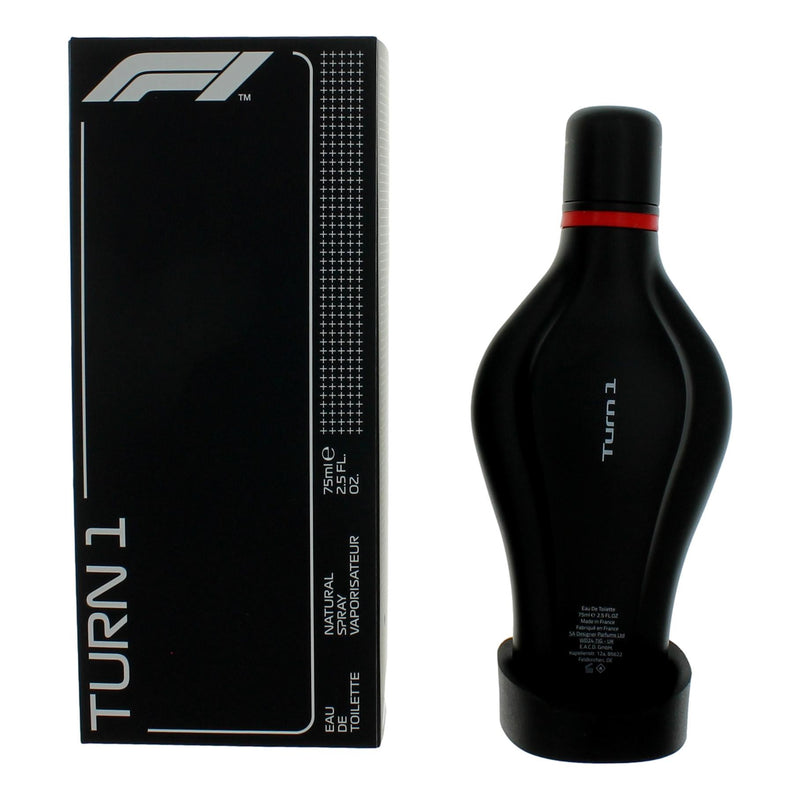F1 Formula 1 Turn 1 2.5 oz unisex EDT spray bottle with sleek design and silver cap, showcasing the F1 branding.