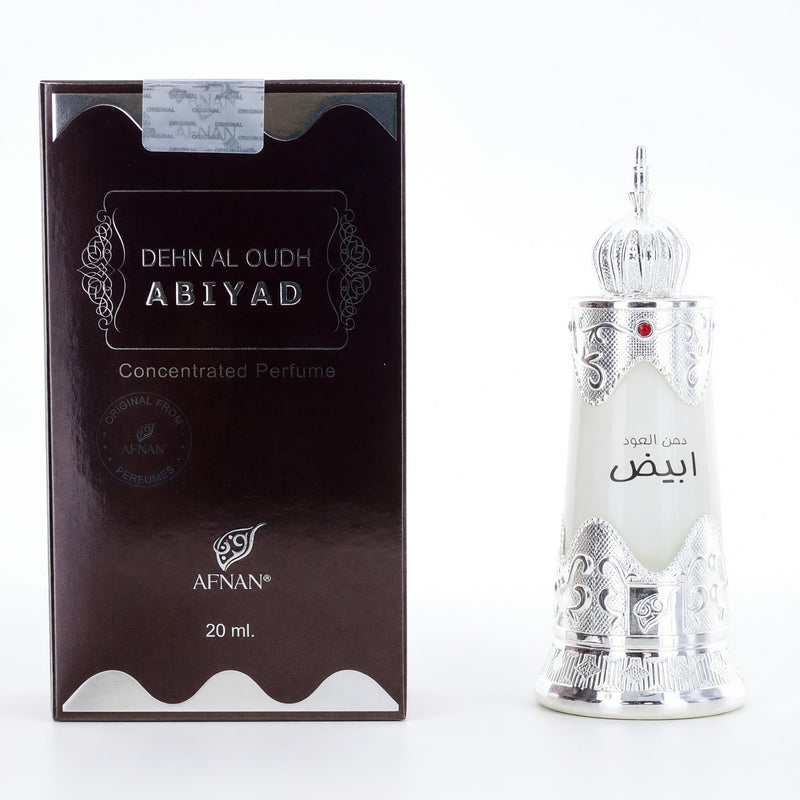 Afnan Dehn Al Oudh Abiyad perfume oil bottle for unisex, 0.67 oz, with elegant packaging and fragrance details visible.