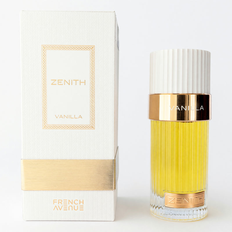 French Avenue Zenith Vanilla 3.4 oz unisex EDP spray bottle with a sleek design and elegant packaging.