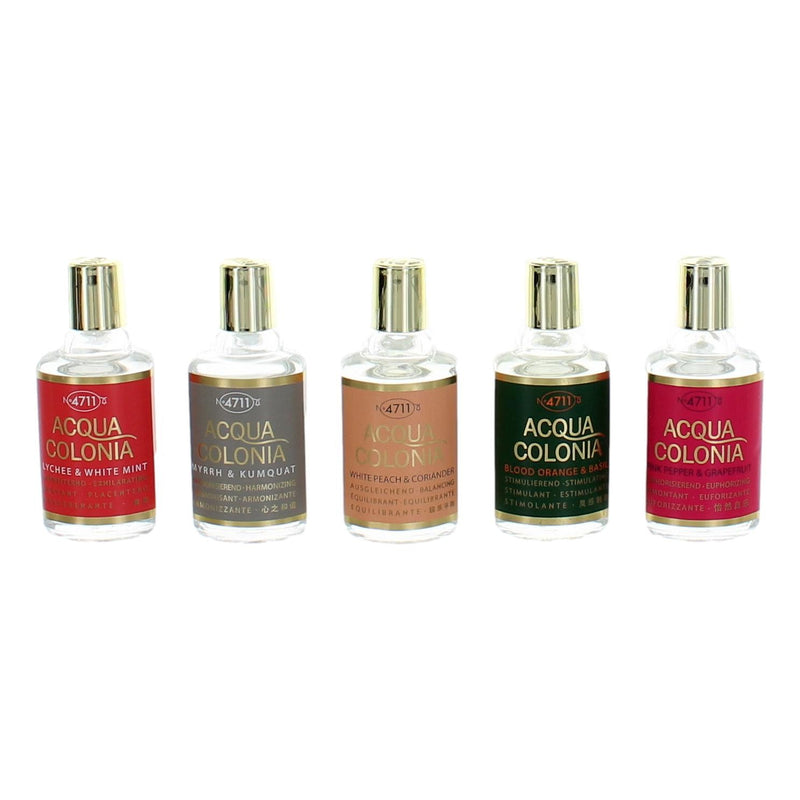 Set of five 4711 Acqua Colonia unisex fragrances, variety pack with different scents in elegant bottles.