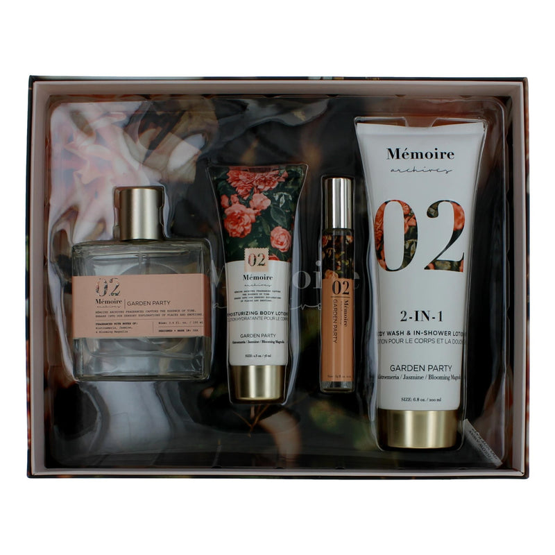 Memoire Archives Garden Party 4-piece unisex gift set with physical products, featuring elegant packaging and floral-themed designs.