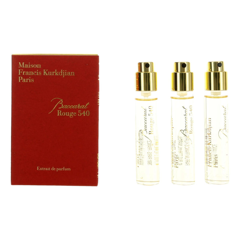 Three Maison Francis Kurkdjian Baccarat Rouge 540 extrait de parfum spray bottles, unisex fragrance with elegant packaging.